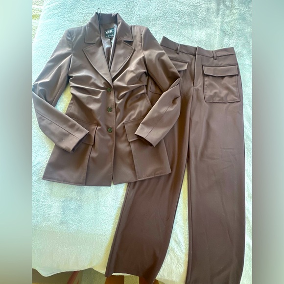 Zara Womens Brown Blazer Jacket Pants Set Size S - Picture 1 of 3